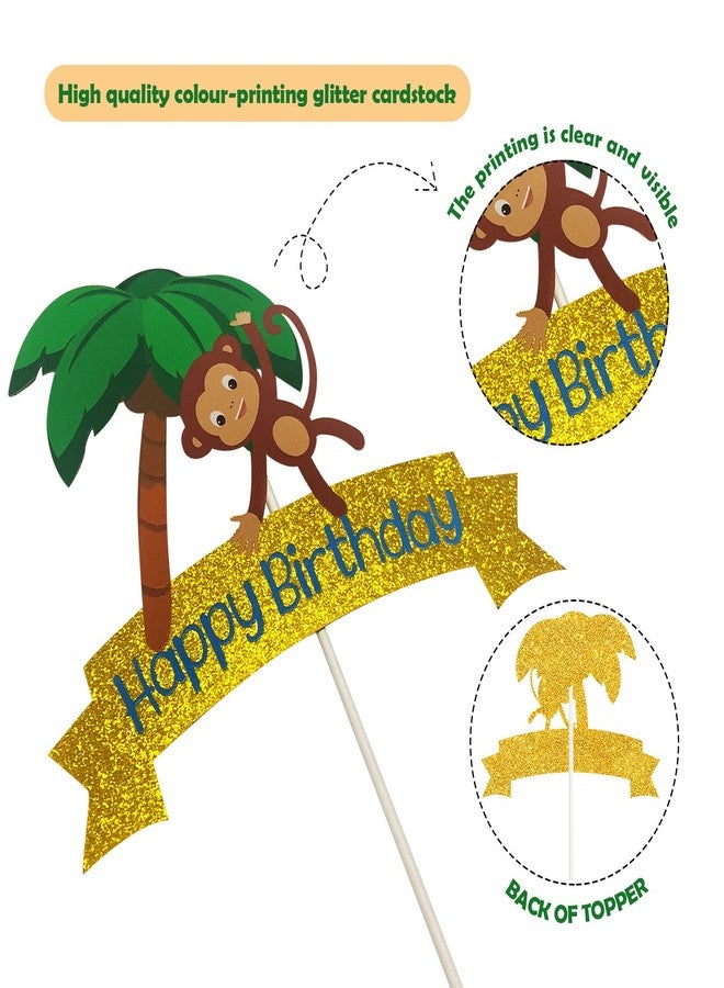 LILIPARTY Glitter Monkey Happy Birthday Cake Topper, Monkey Birthday Cake Decor, Safari Jungle Themed Birthday Party Supplies, Zoo Animals Centerpiece - Image 3
